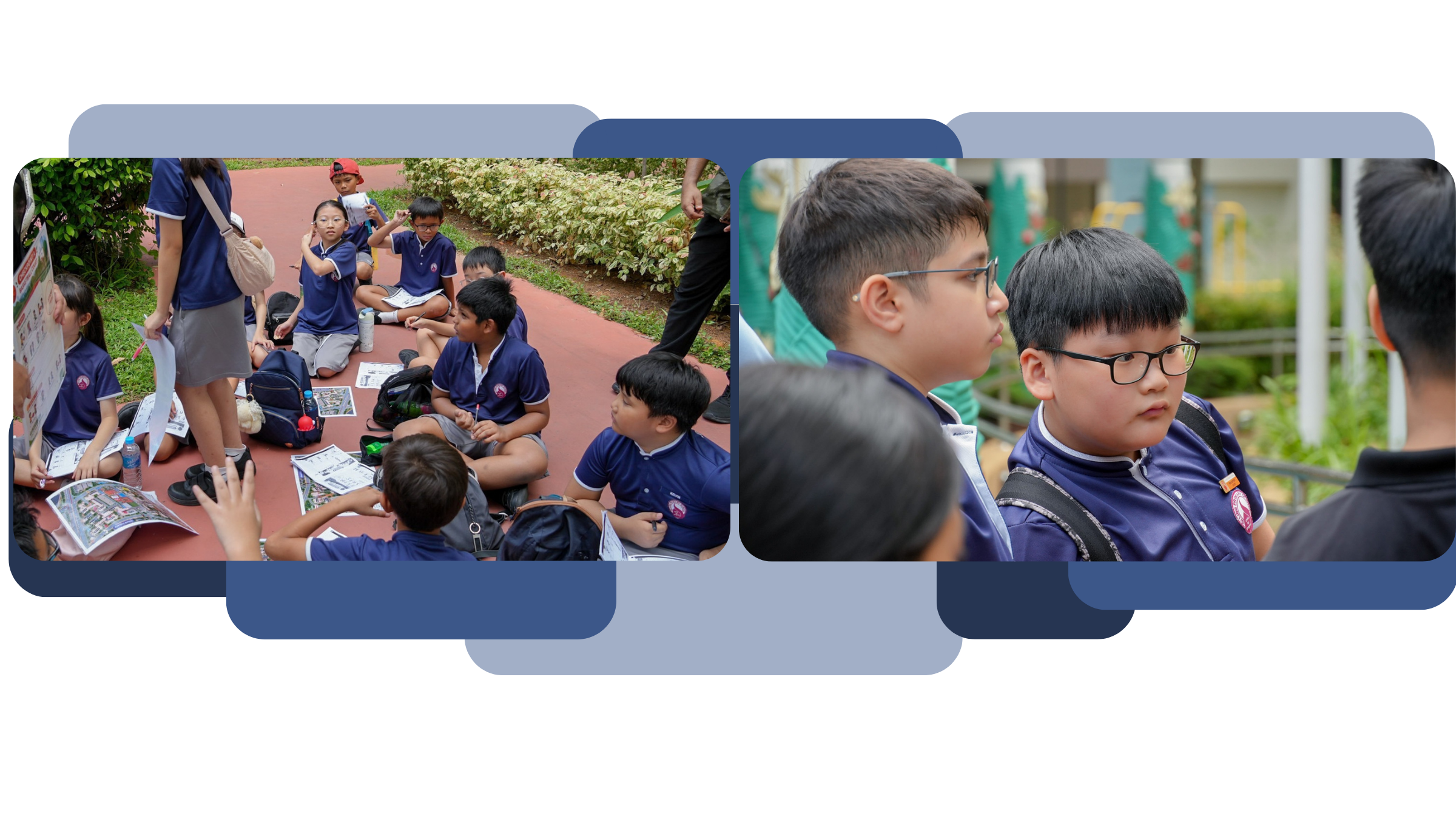 P4 students at Friendship Camp, with a group seated on an outdoor path listening to a facilitator while referring to activity sheets, and two students in school uniforms attentively looking ahead during an outdoor activity.